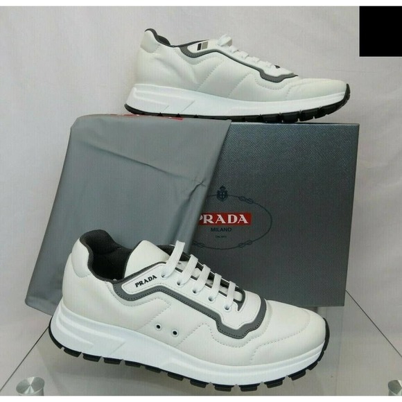 NIB PRADA 4E3382 WHITE NYLON GRAY GABARDINE LOGO PLATFORM SNEAKERS 8.5 / US 9.5 - Picture 1 of 12